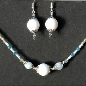 HAND CRAFTED Upcycled Blue White Silver Necklace earring set Feminine Delicate